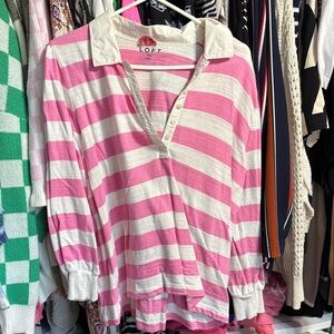 LOFT Pink and White Striped Button Down Shirt